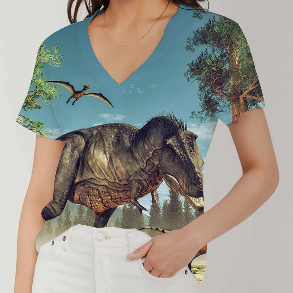 Hunting Dinosaur V-Neck Women's T-Shirt_2_1