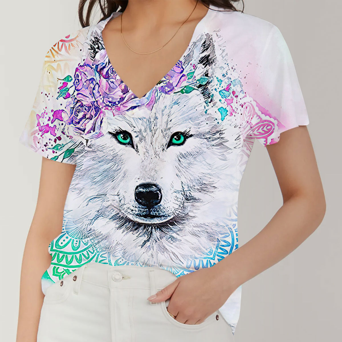 Lotus Tie Dye Wolf V-Neck Women's T-Shirt_2_1