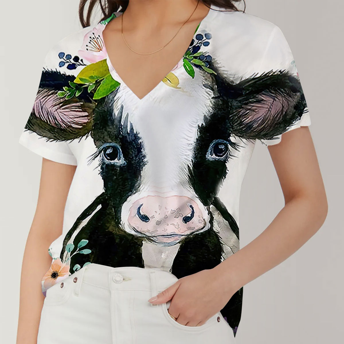 Love Beautiful Cow V-Neck Women's T-Shirt_2_1