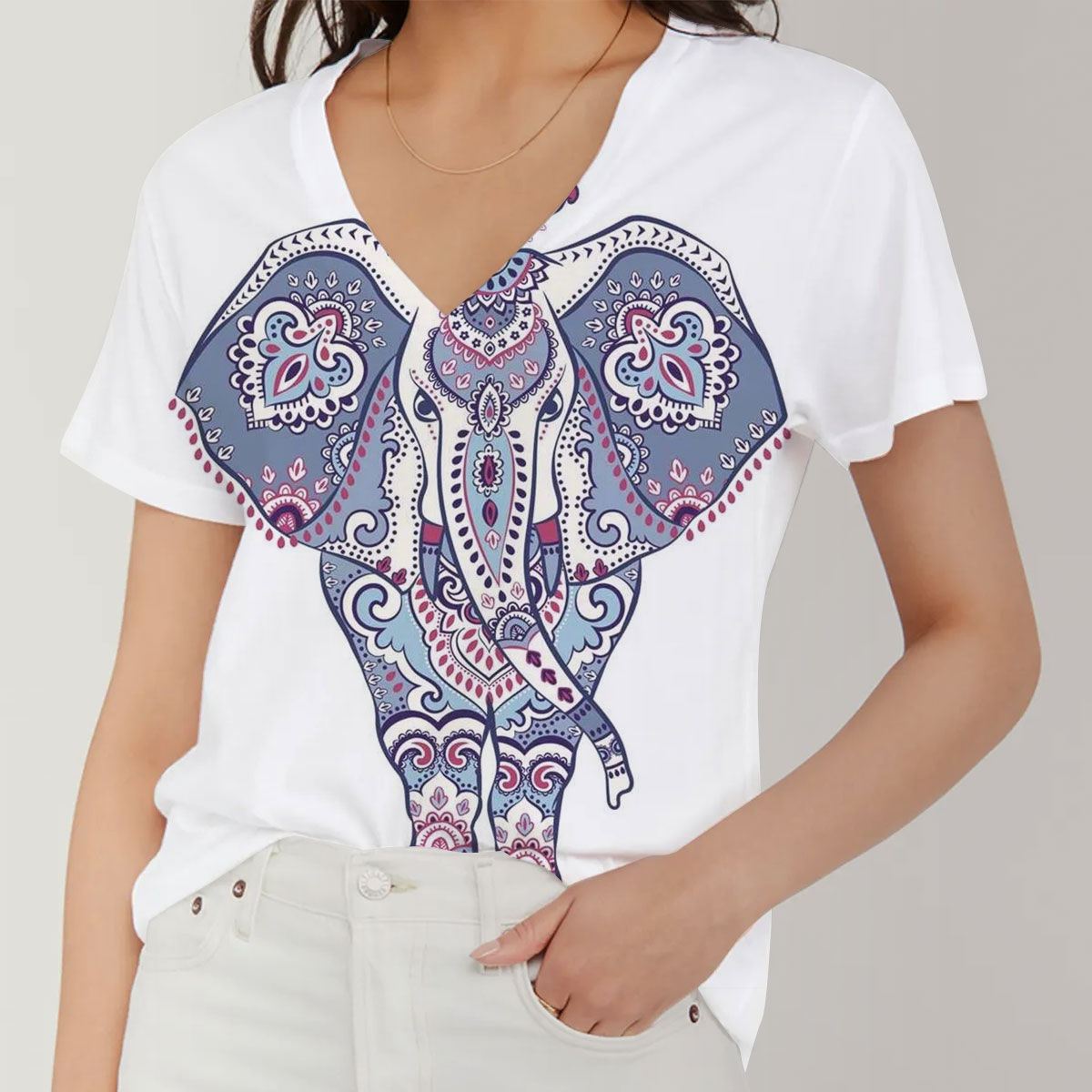 Mandala Elephant V-Neck Women's T-Shirt_2_1