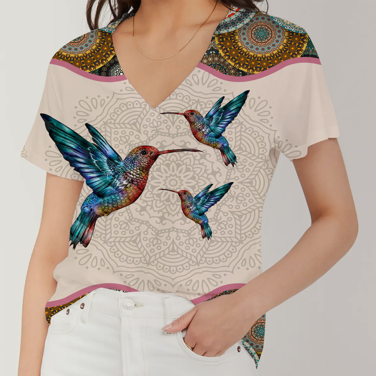 Mandala Humming Bird V-Neck Women's T-Shirt_2_1