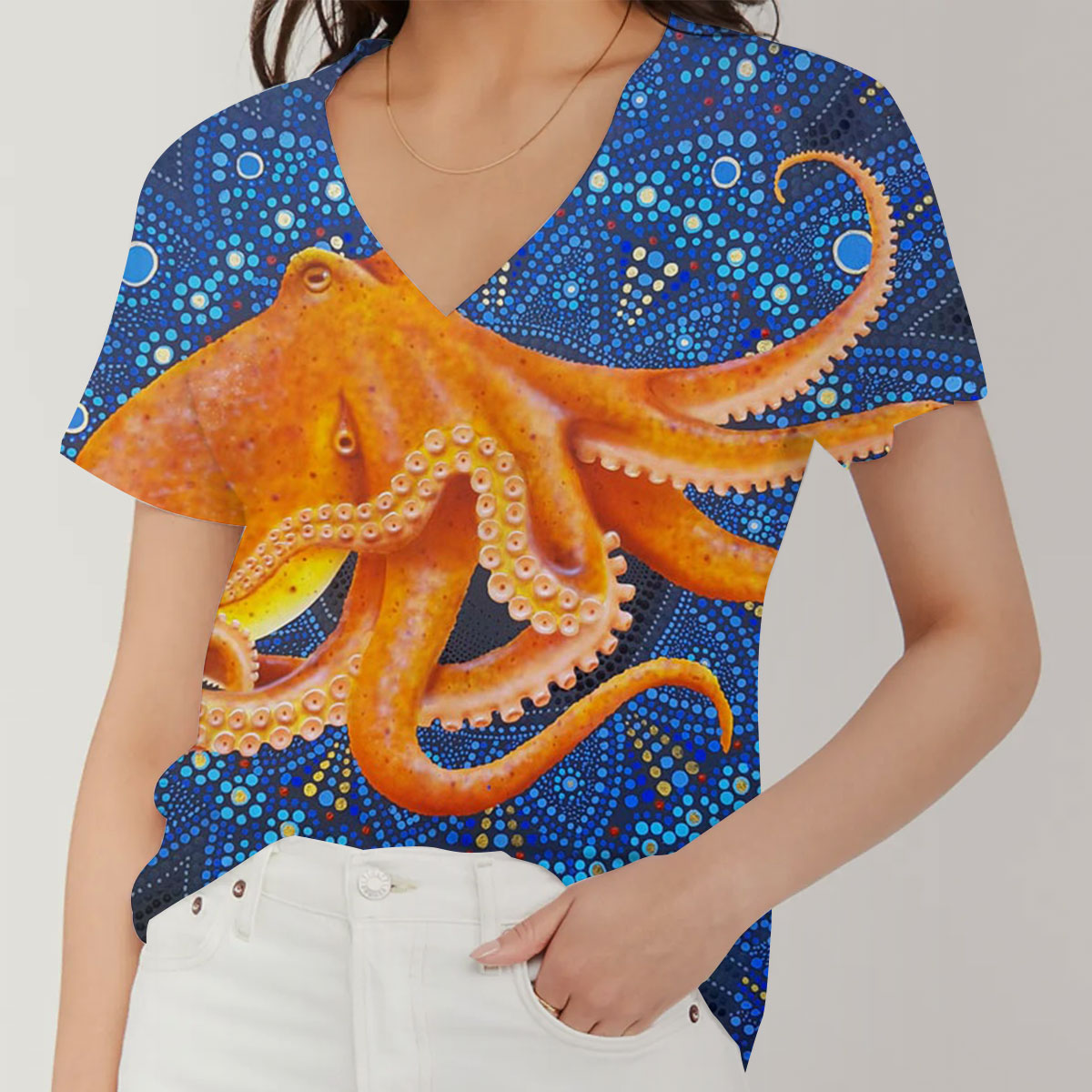 Mandala Orange Octopus V-Neck Women's T-Shirt_2_1