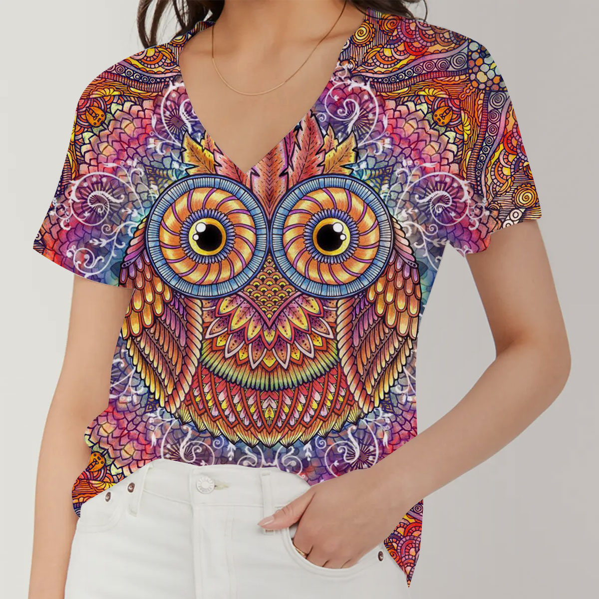 Mandala Owl V-Neck Women's T-Shirt_2_1