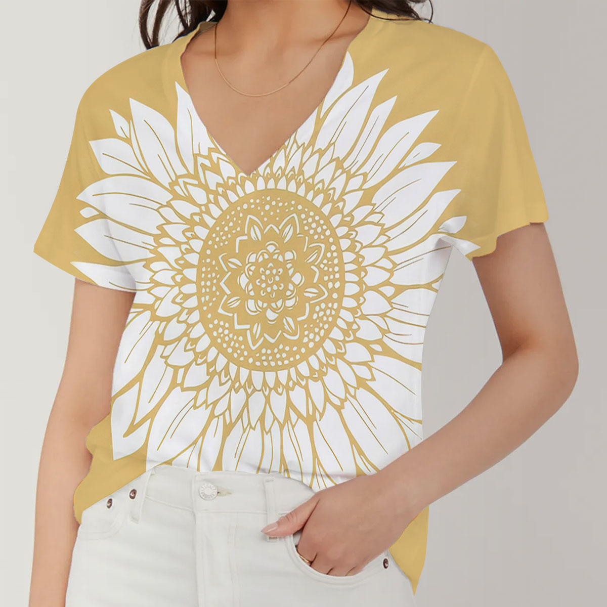 Mandala Sunflower V-Neck Women's T-Shirt_2_1
