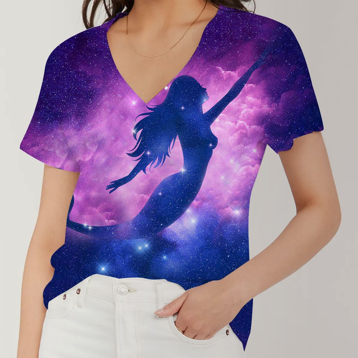 Mermaid In Galaxy Space V-Neck Women's T-Shirt_2_1
