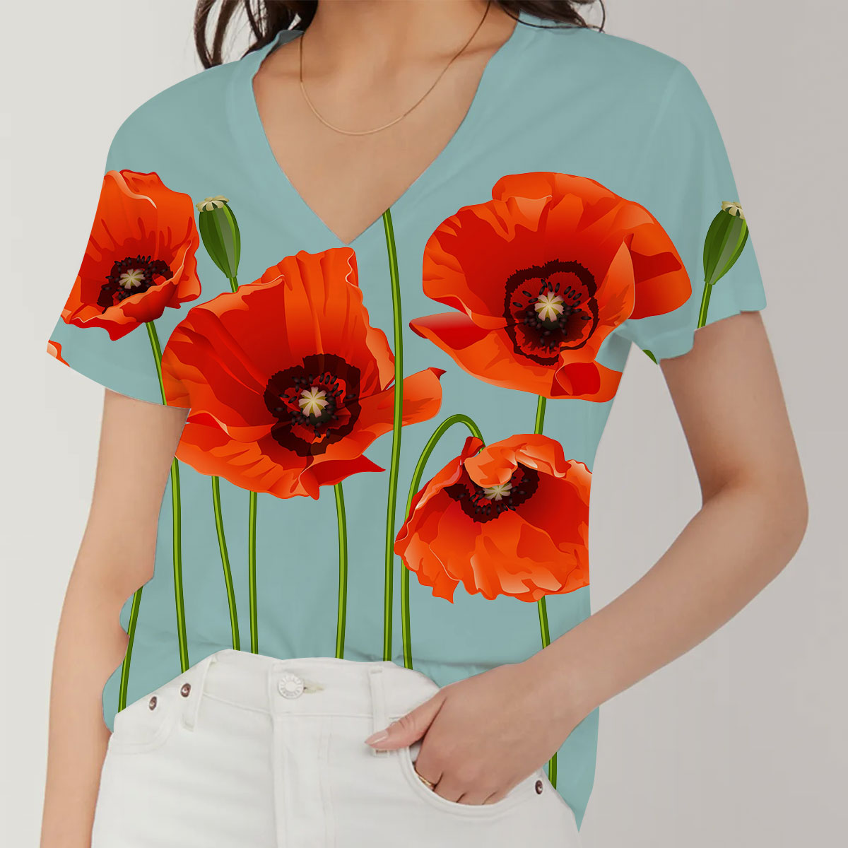 Modern Poppy V-Neck Women's T-Shirt_2_1