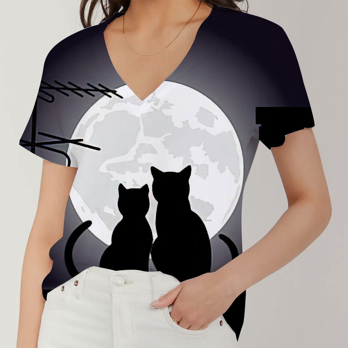 Moon Cat V-Neck Women's T-Shirt_2_1