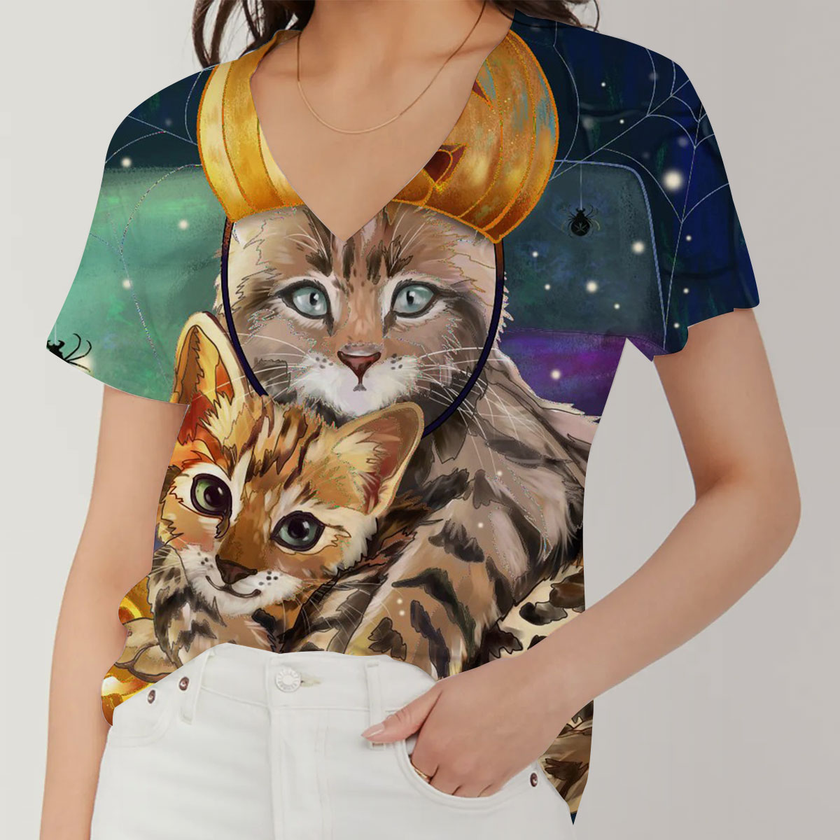 Pumpkin Cat V-Neck Women's T-Shirt_2_1