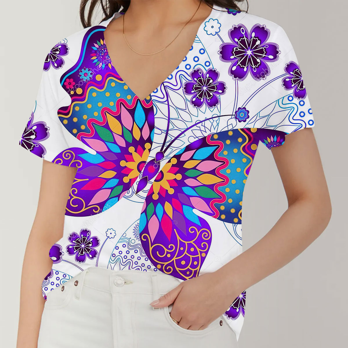 Purple Flower And Butterfly V-Neck Women's T-Shirt_2_1