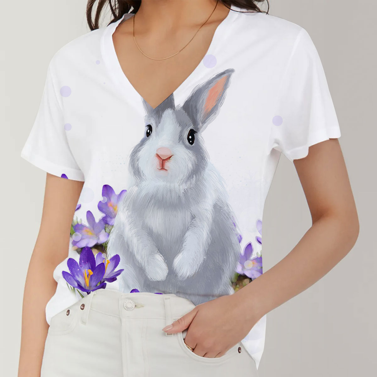 Purple Flower Rabbit V-Neck Women's T-Shirt_2_1