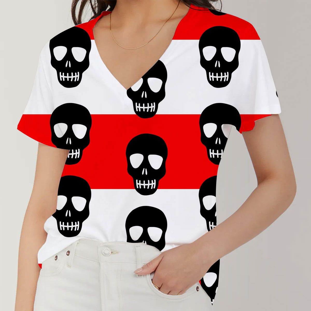 Red Stripe Skull V-Neck Women's T-Shirt_2_1