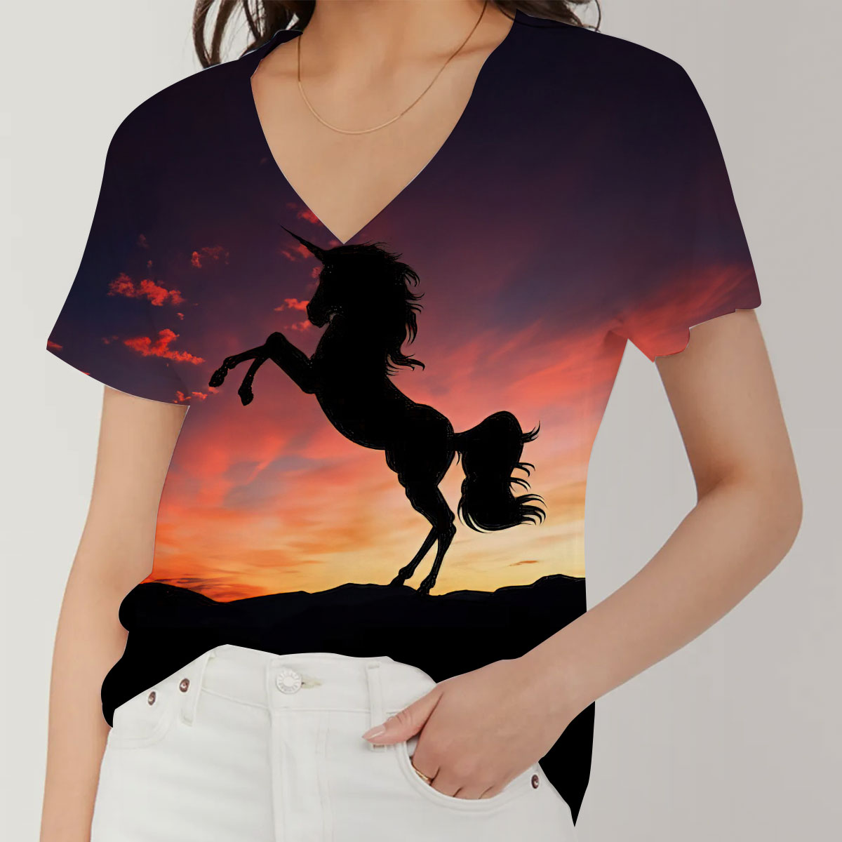 Sunset Unicorn V-Neck Women's T-Shirt_2_1