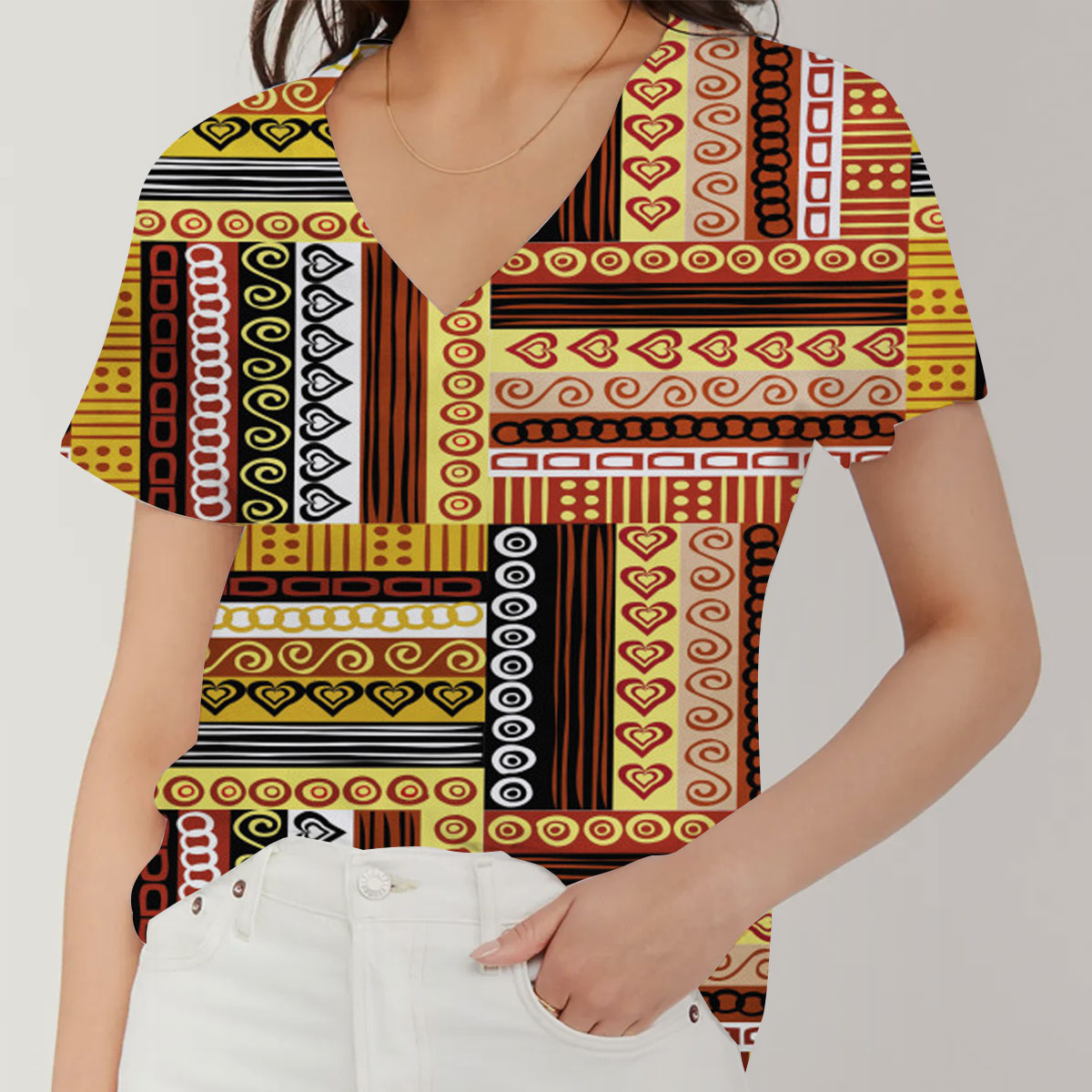 Traditional African Oriental Motifs V-Neck Women's T-Shirt_2_1