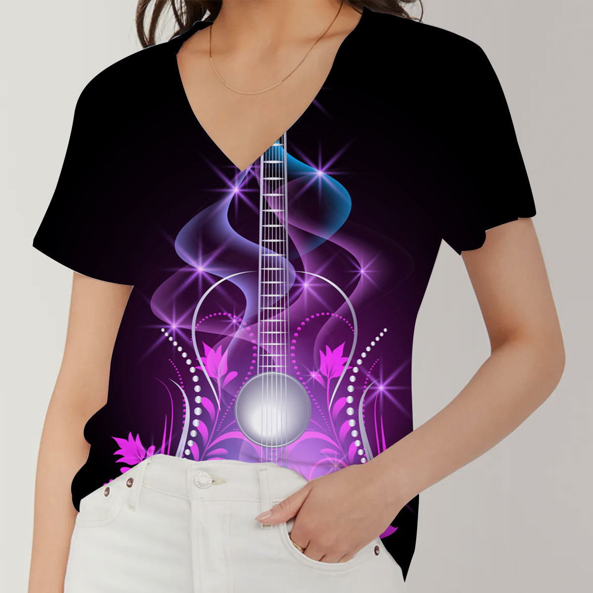 Treble Clefs Guitar V-Neck Women's T-Shirt_2_1