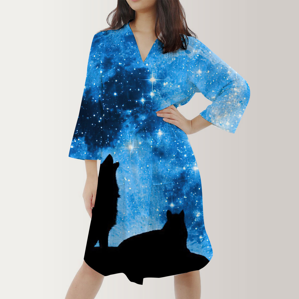 Galaxy Moonlight Wolf Satin Kimono Robe