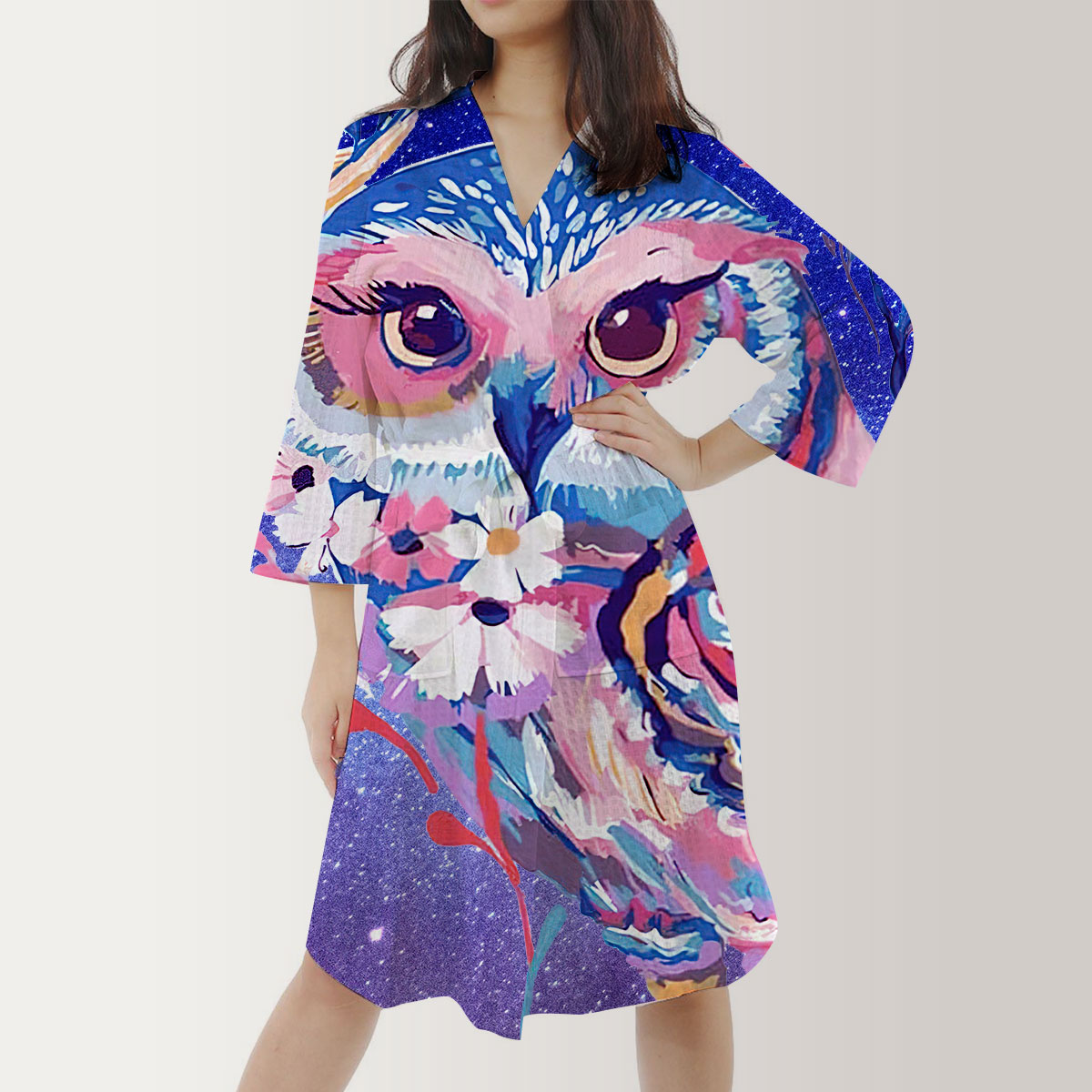 Galaxy Owl Satin Kimono Robe