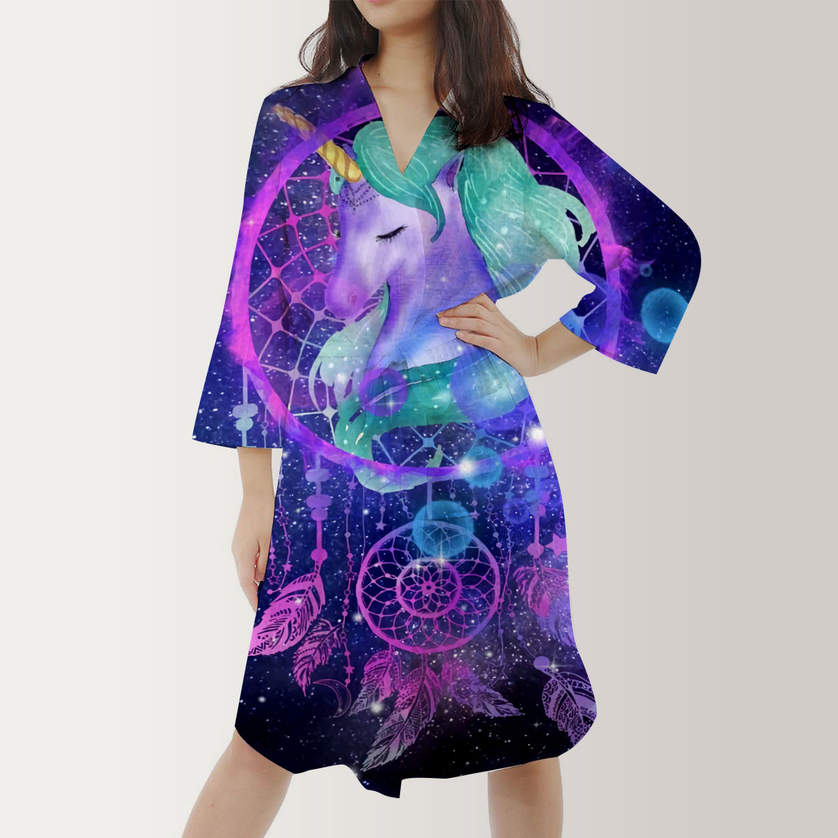 Galaxy Unicorn With Dream Catcher Satin Kimono Robe