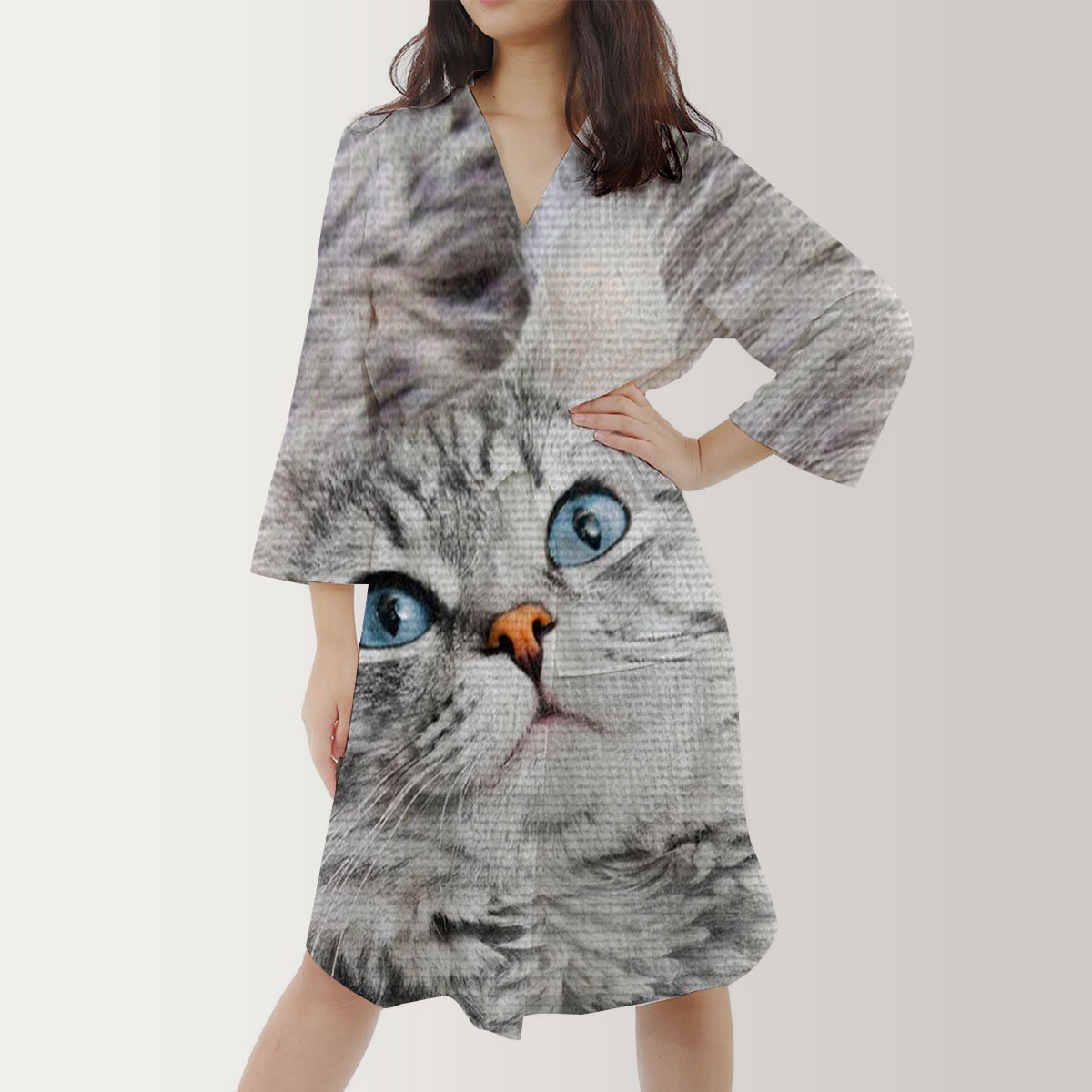 Gray Cat Satin Kimono Robe