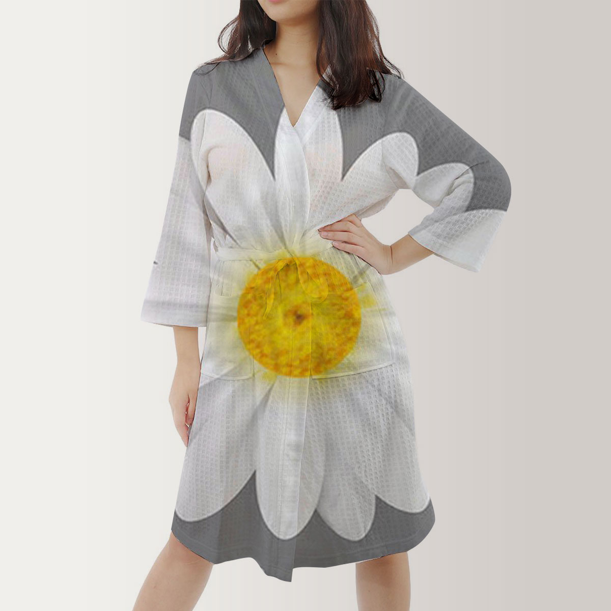 Grey White Daisy Satin Kimono Robe