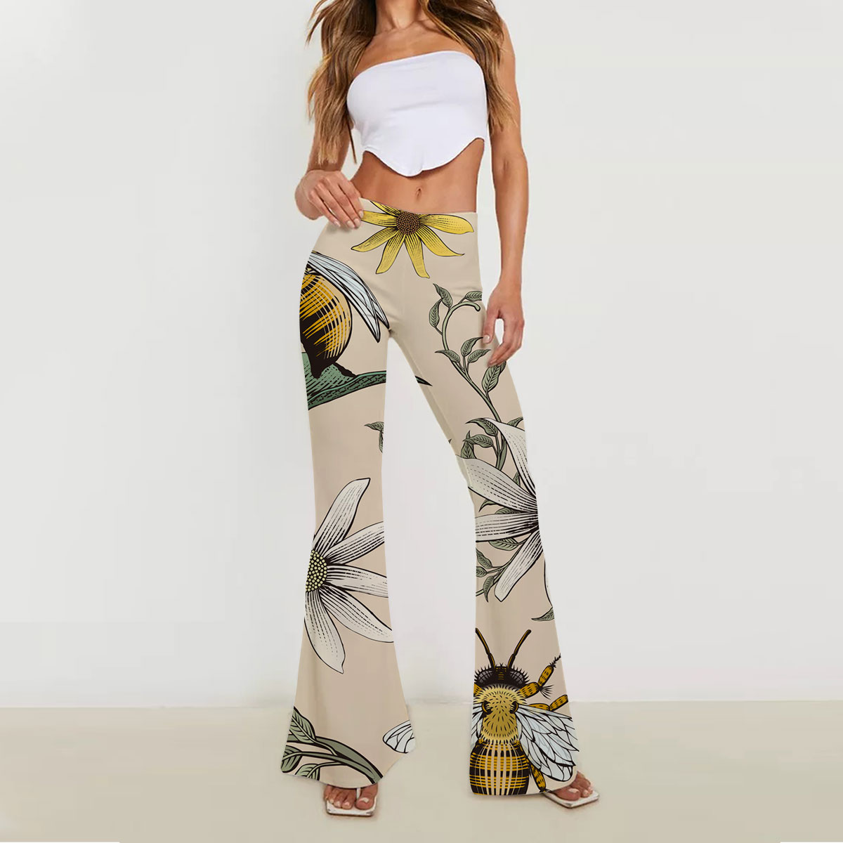 Flower And Bee Skinny Flare Pants