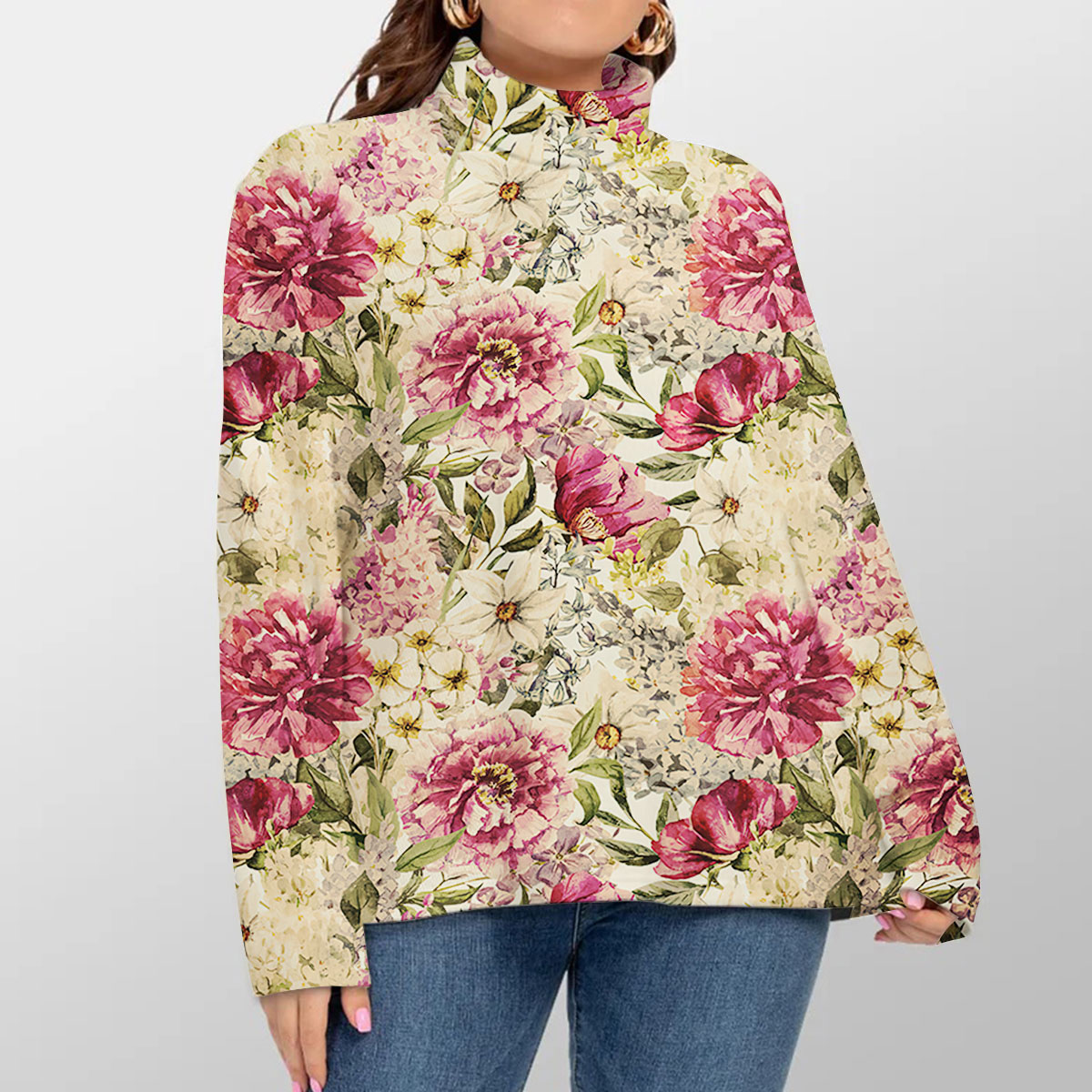 Floral Vintage Peony Turtleneck Sweater