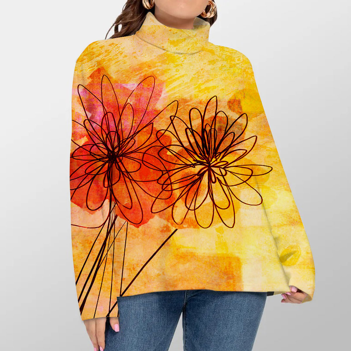 Floral Whimsy Abstract Turtleneck Sweater