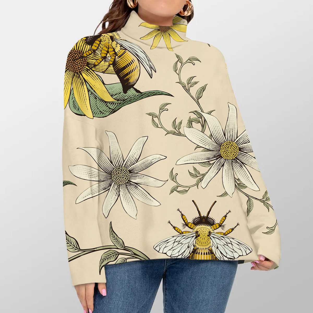 Flower And Bee Turtleneck Sweater
