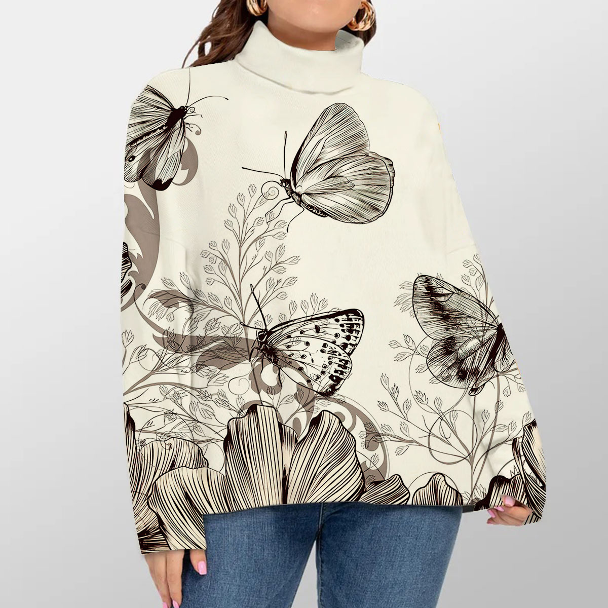 Flower And Butterfly Turtleneck Sweater