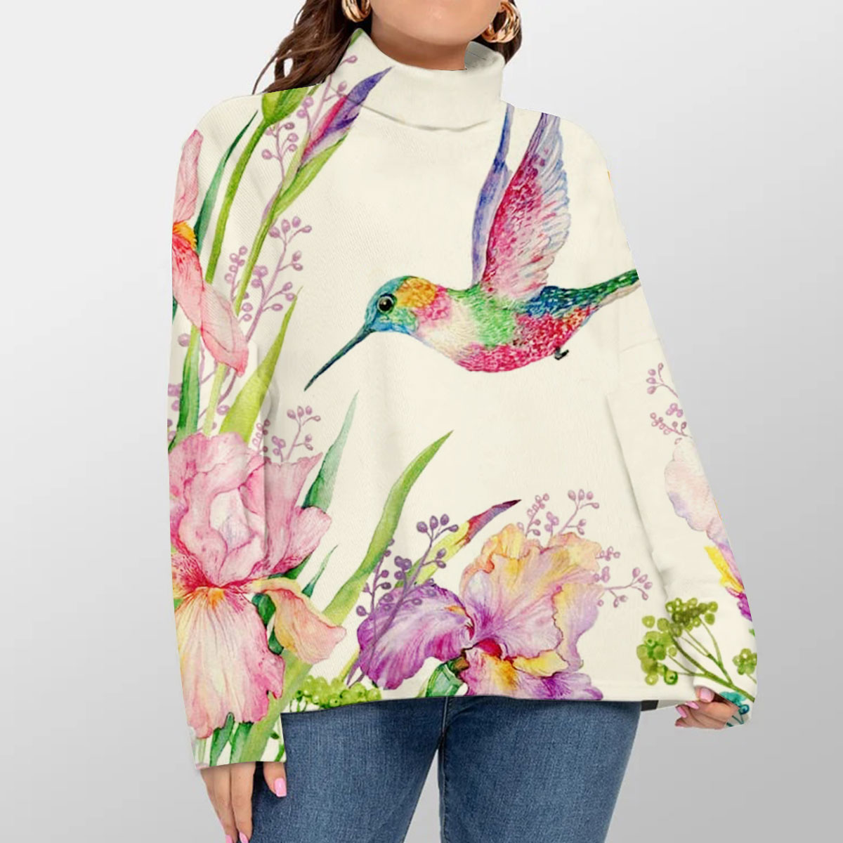 Flower Humming Bird Turtleneck Sweater