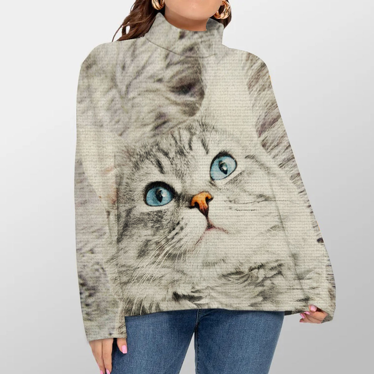 Gray Cat Turtleneck Sweater