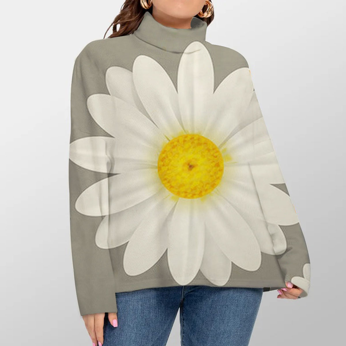 Grey White Daisy Turtleneck Sweater