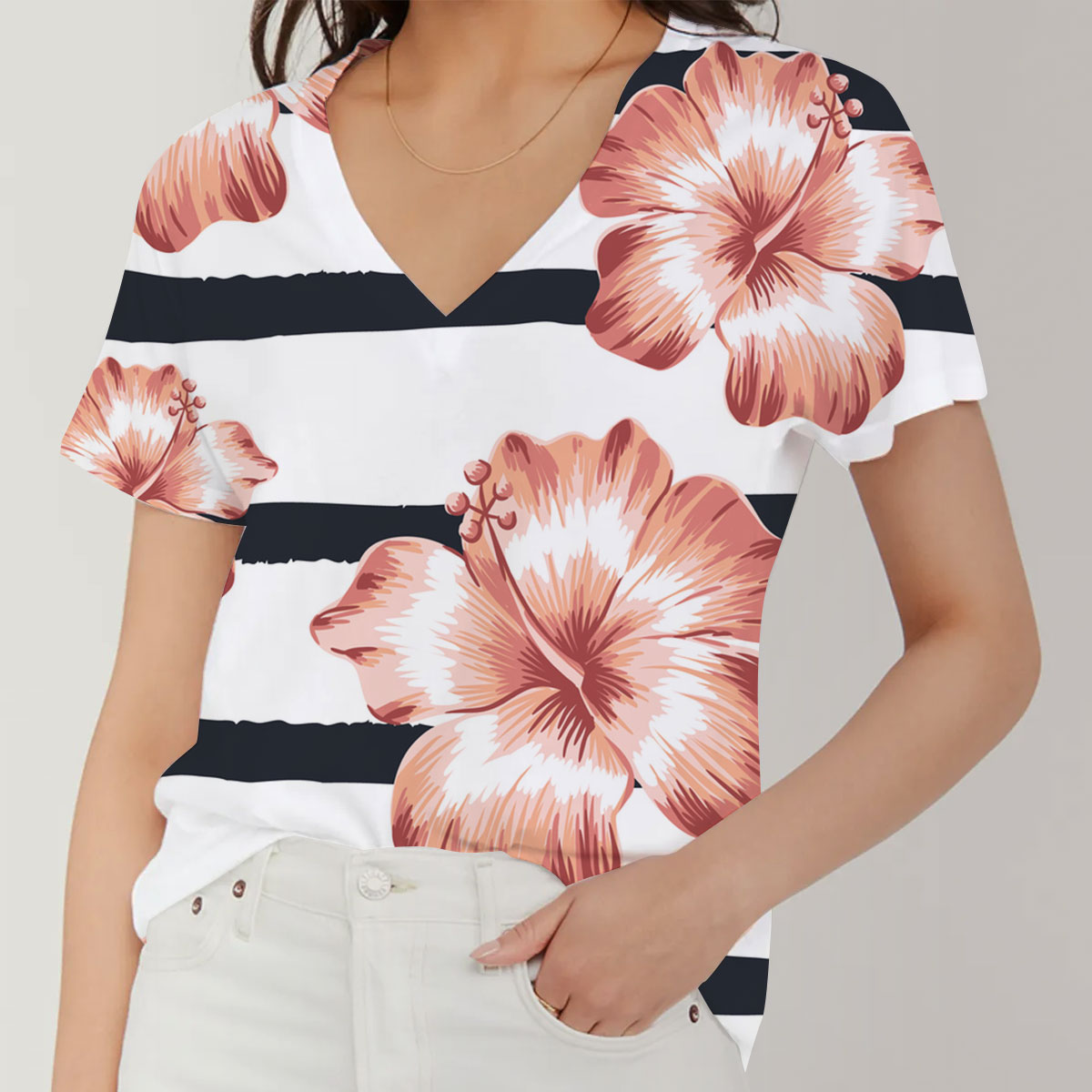 Floral Pink Hibiscus V-Neck Women's T-Shirt