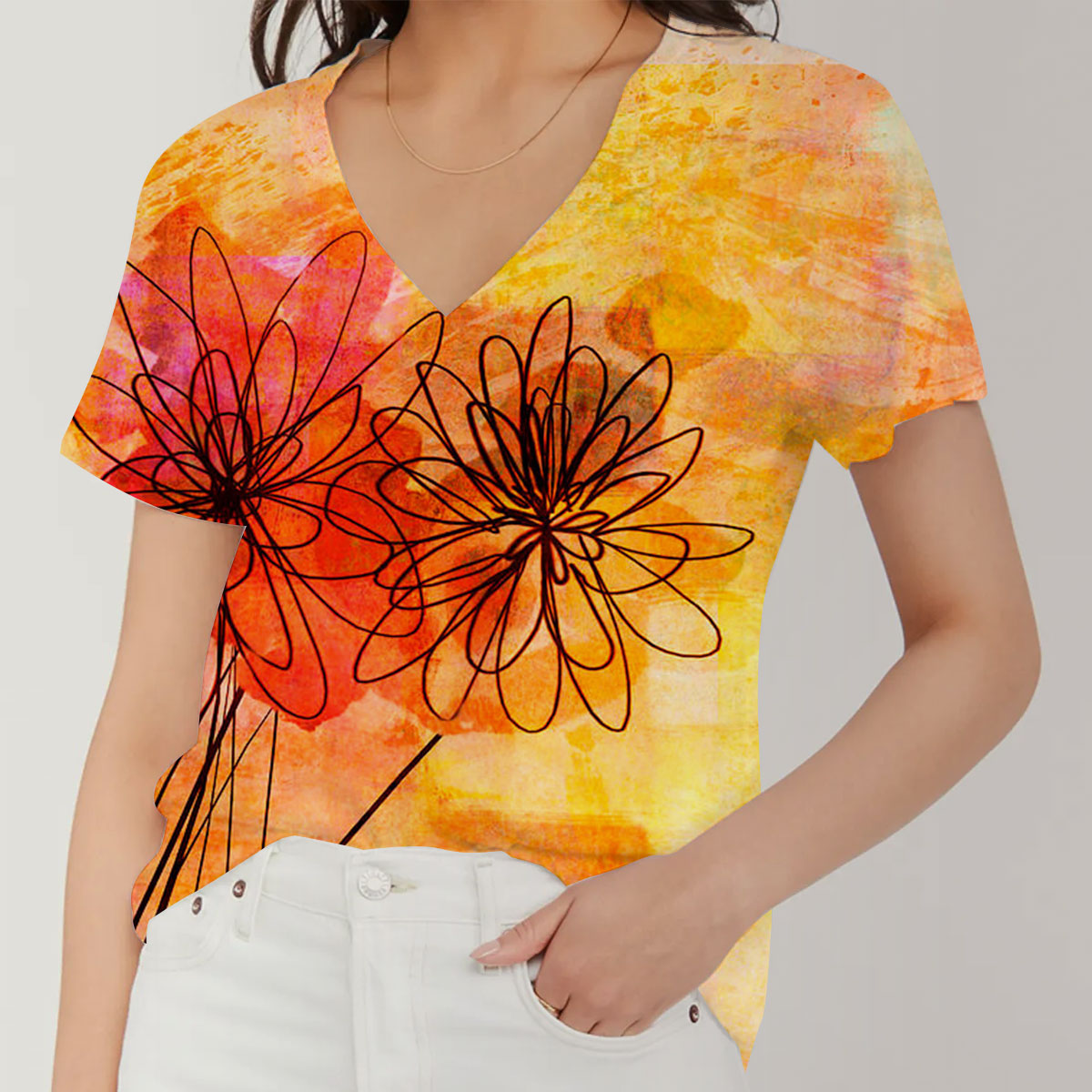 Floral Whimsy Abstract V-Neck Women's T-Shirt