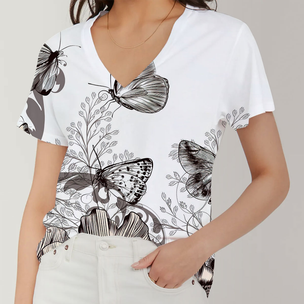 Flower And Butterfly V-Neck Women's T-Shirt