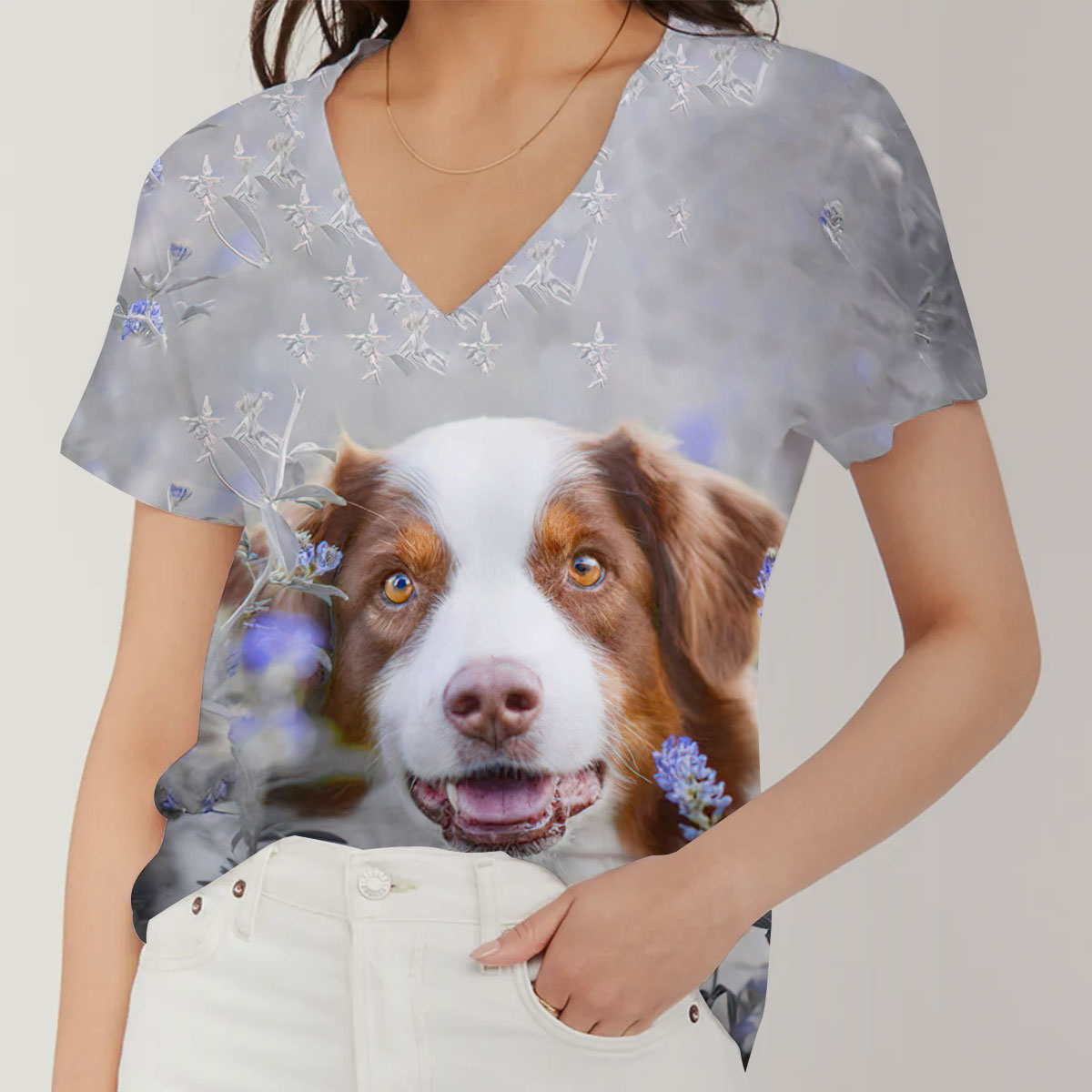 Flower Dog V-Neck Women's T-Shirt
