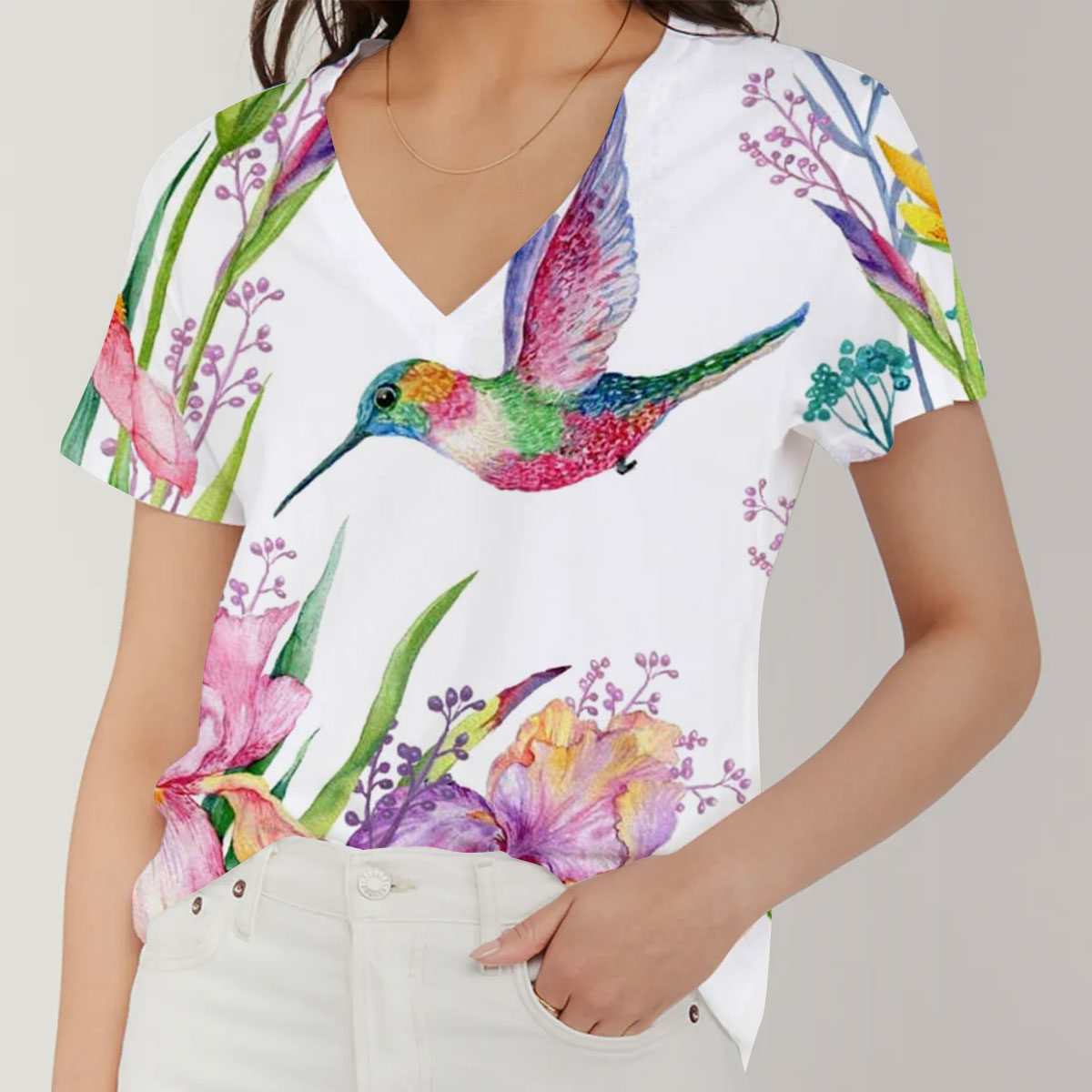 Flower Humming Bird V-Neck Women's T-Shirt
