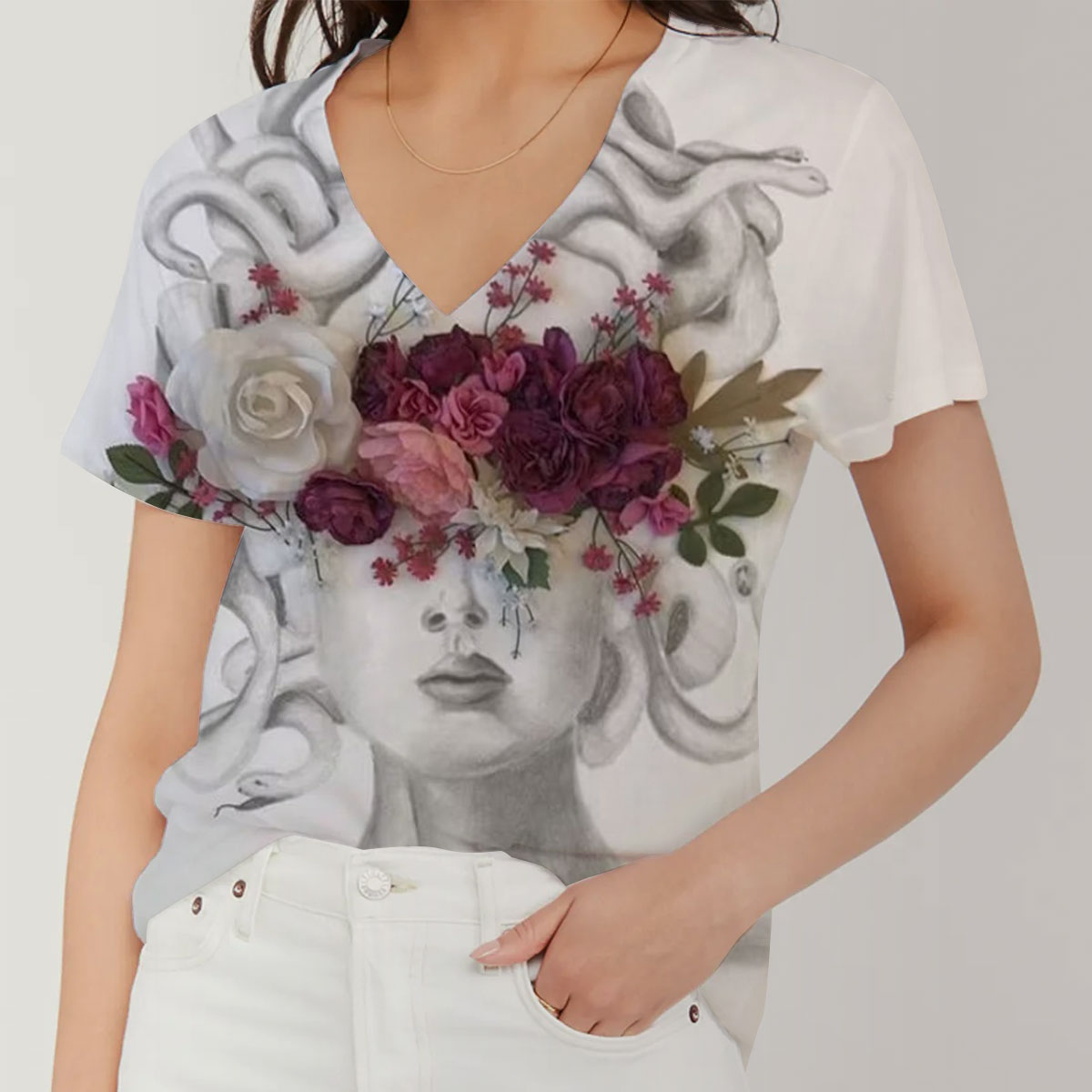 Flower Medusa V-Neck Women's T-Shirt