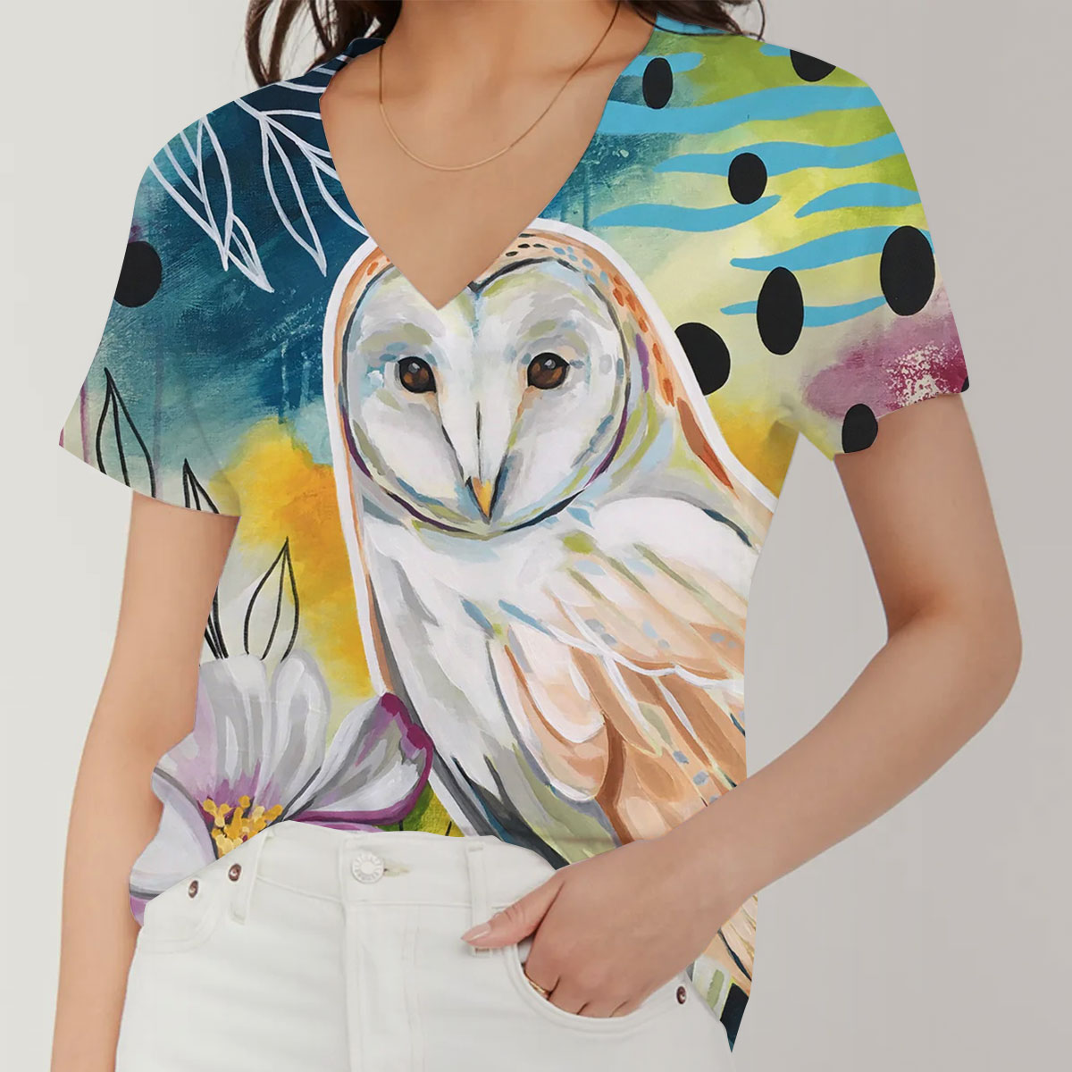 Flower Owl V-Neck Women's T-Shirt