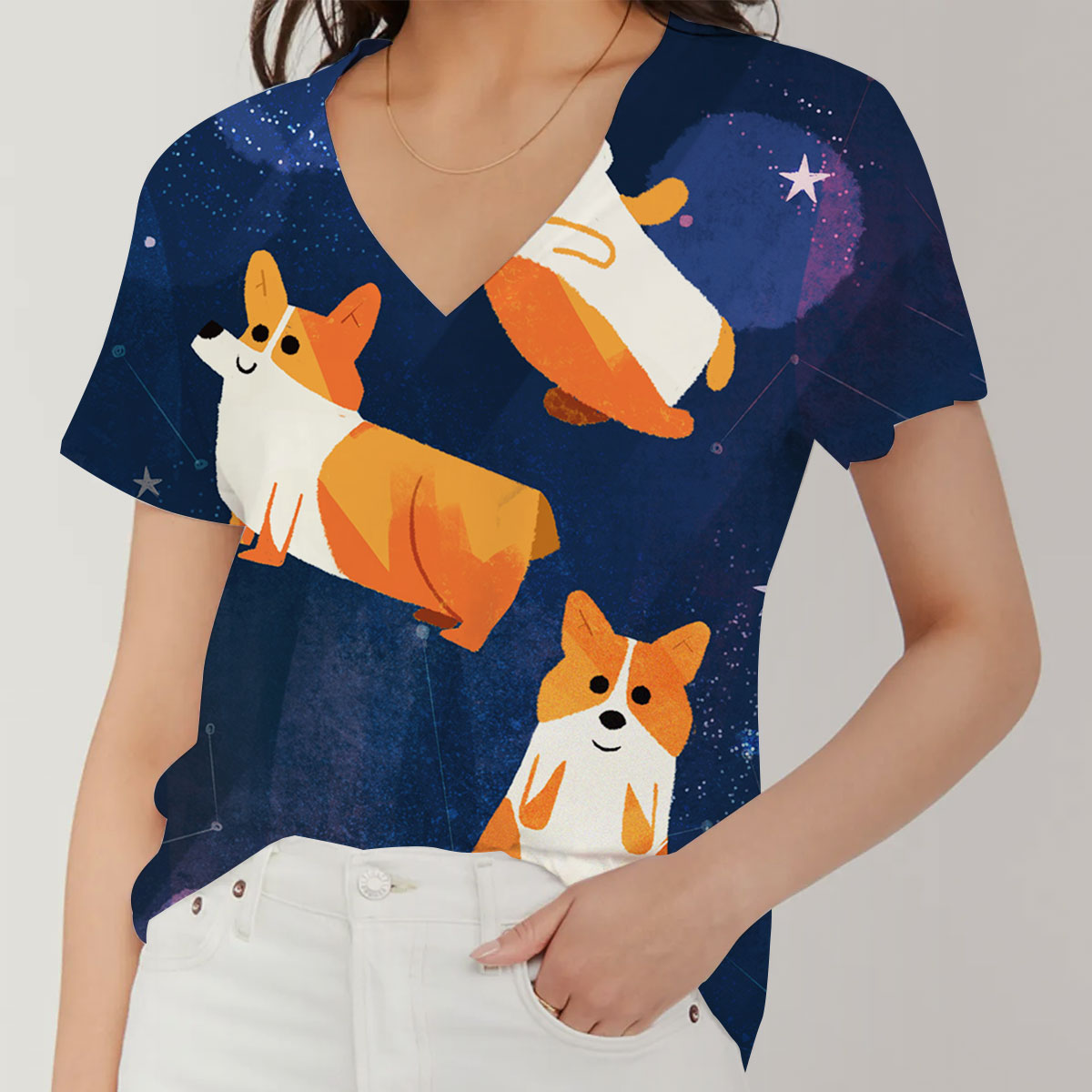 Galaxy Cute Dog V-Neck Women's T-Shirt