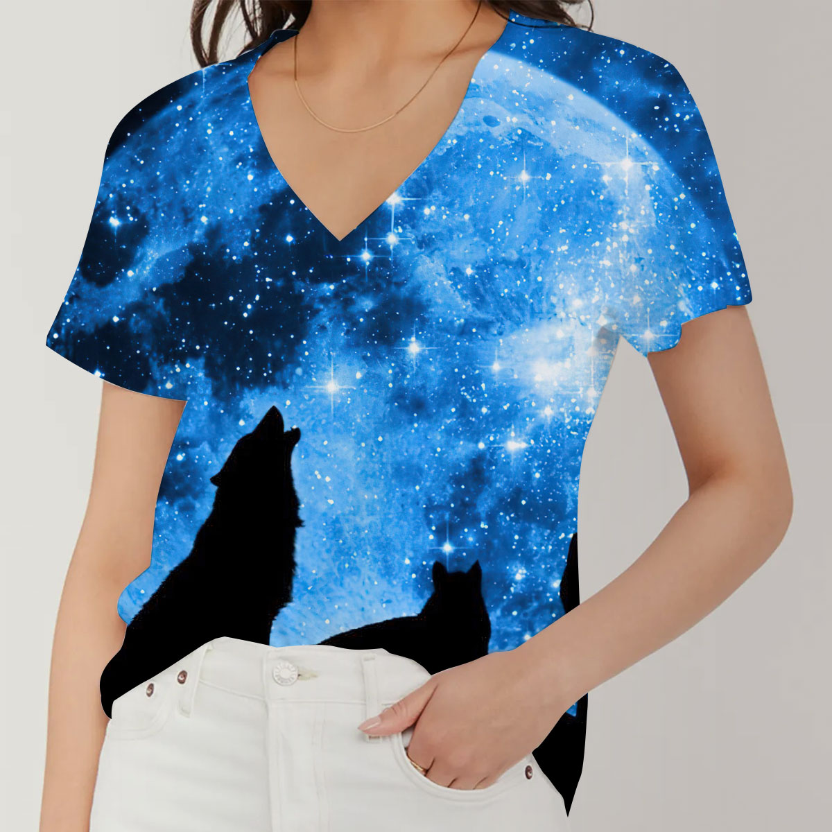 Galaxy Moonlight Wolf V-Neck Women's T-Shirt