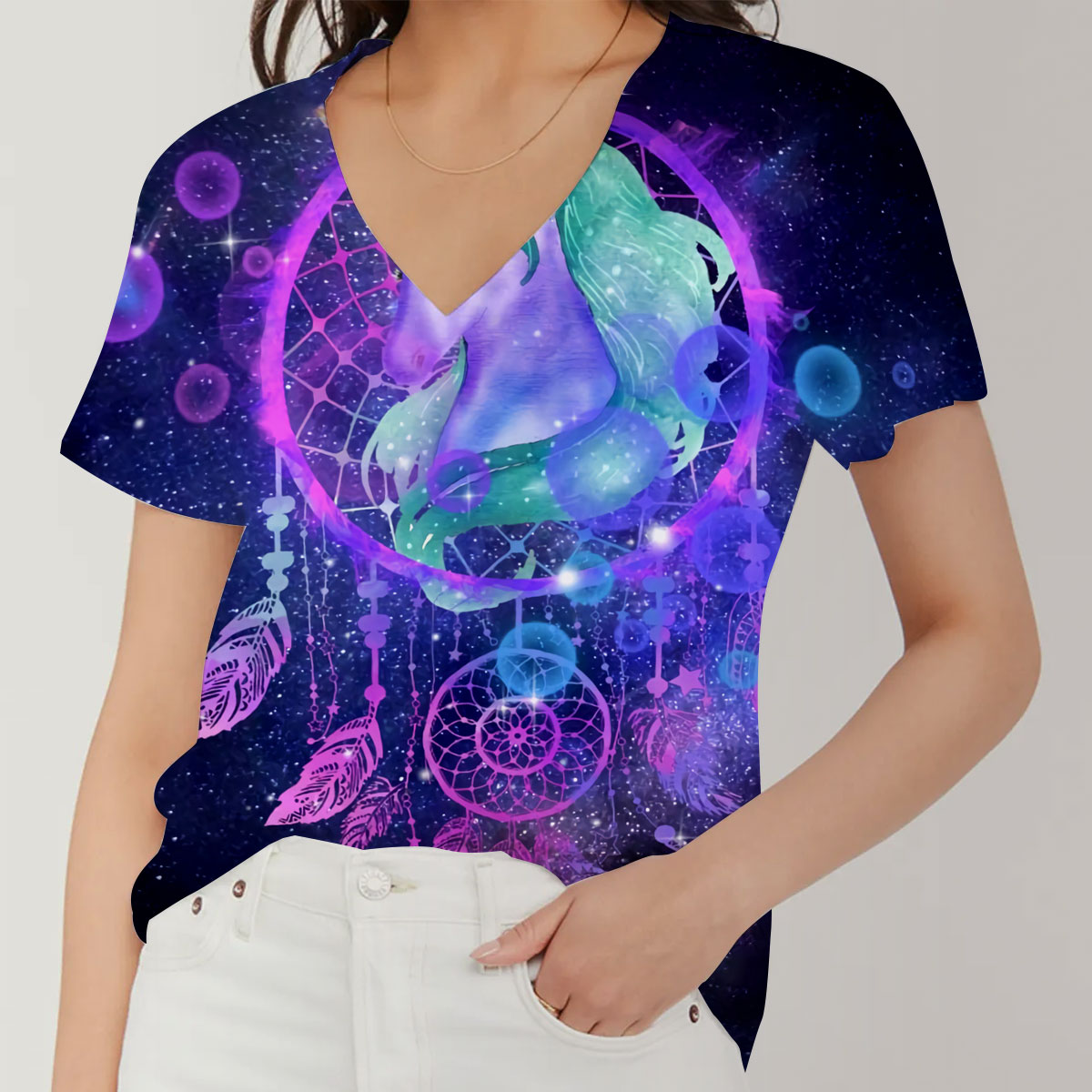 Galaxy Unicorn With Dream Catcher V-Neck Women's T-Shirt