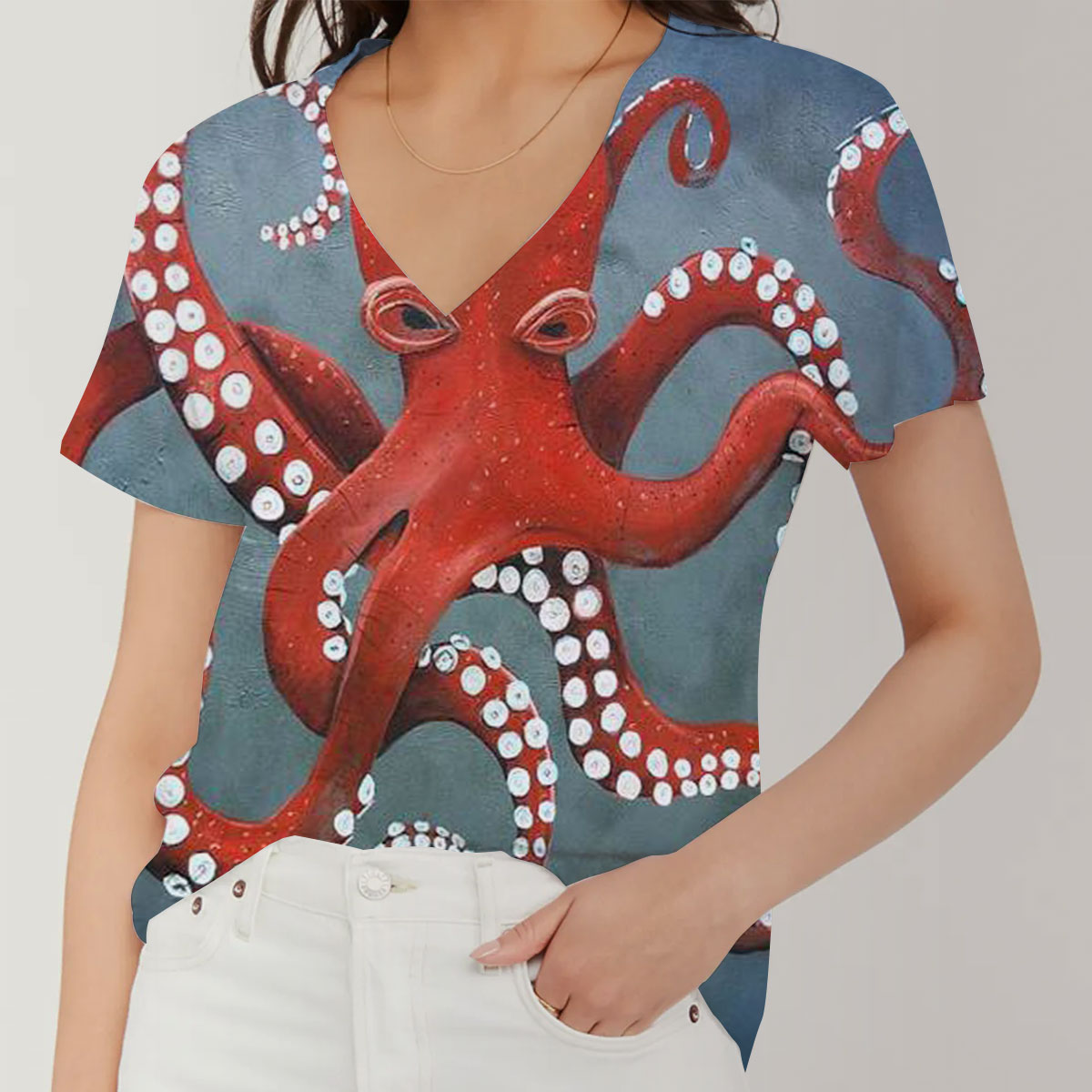 Giant Red Octopus V-Neck Women's T-Shirt