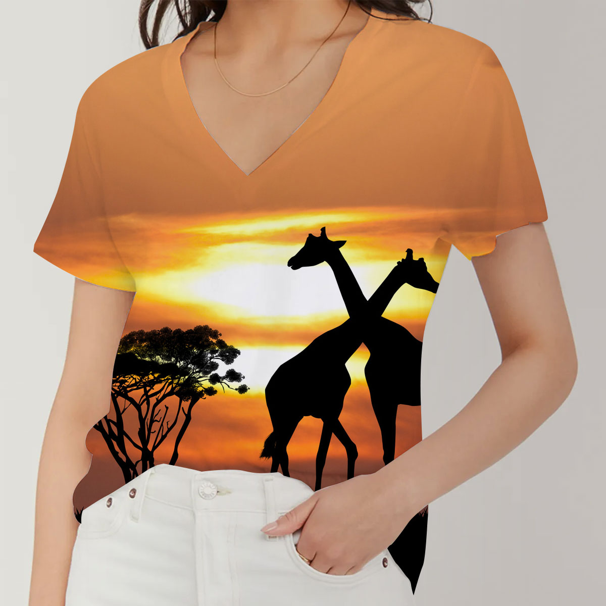 Giraffe Under The Night V-Neck Women's T-Shirt