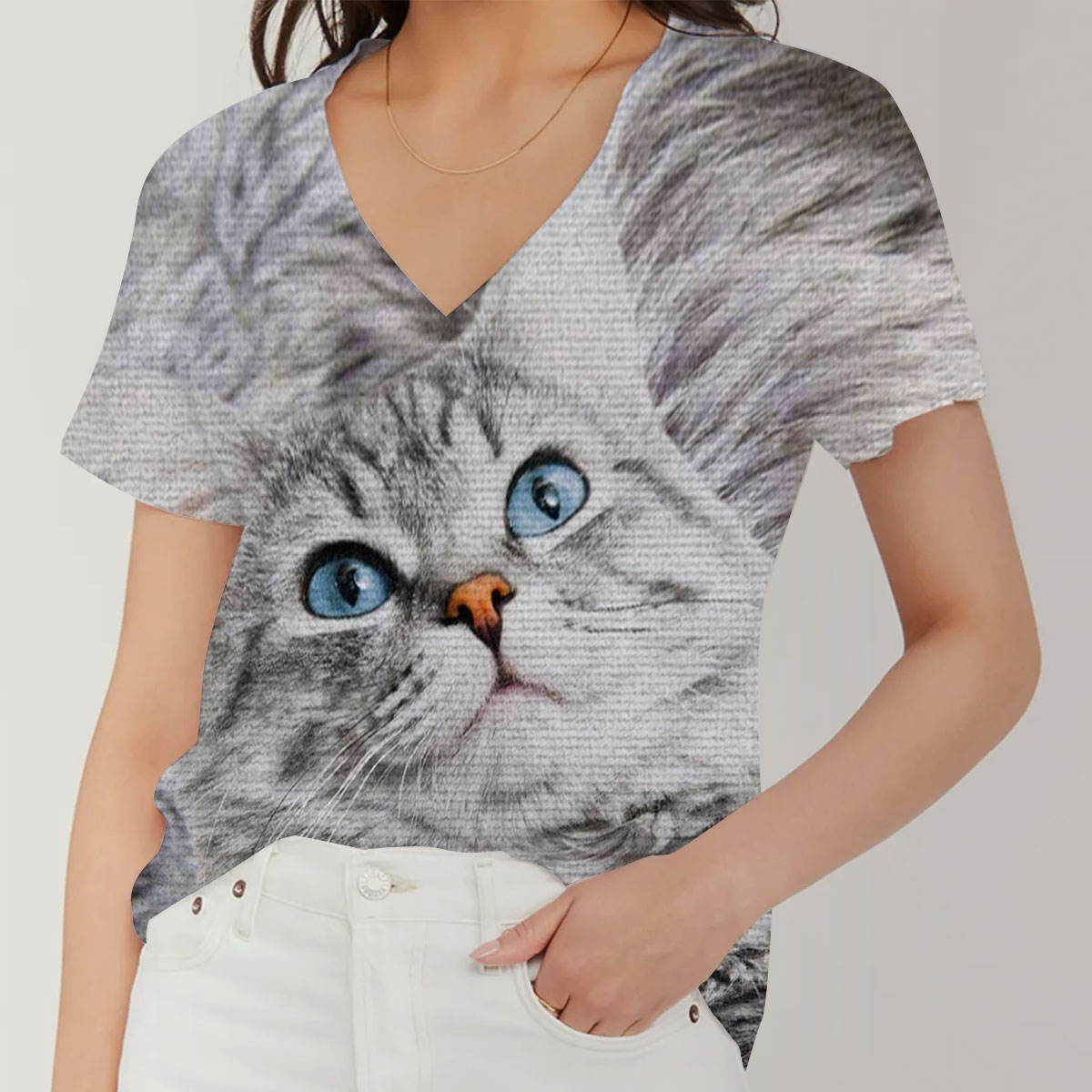 Gray Cat V-Neck Women's T-Shirt