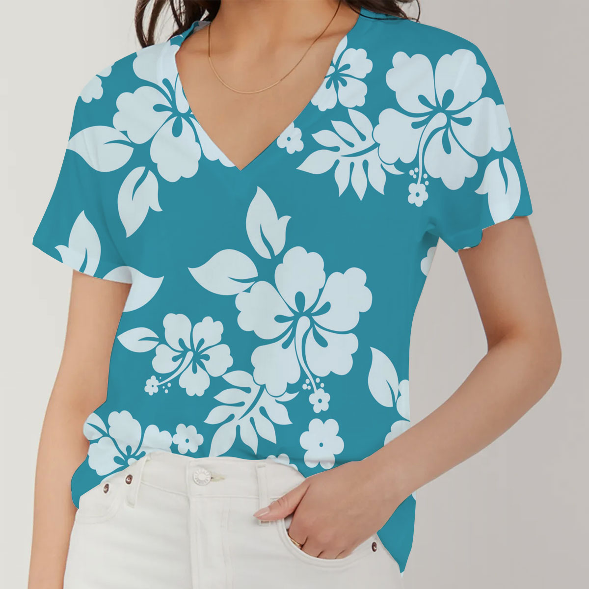Green Hawaii Hibiscus V-Neck Women's T-Shirt