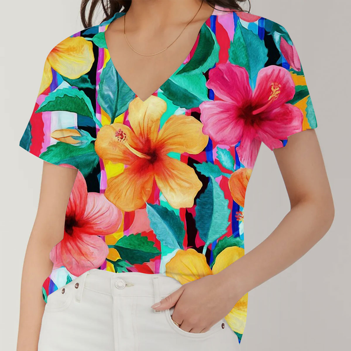 Hawaiian Hibiscus Floral V-Neck Women's T-Shirt