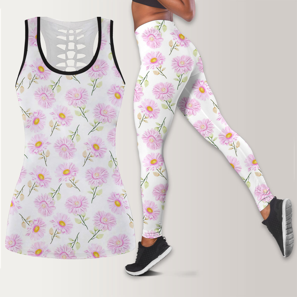 Beautiful Pink Chrysanthemum Legging Tank Top set