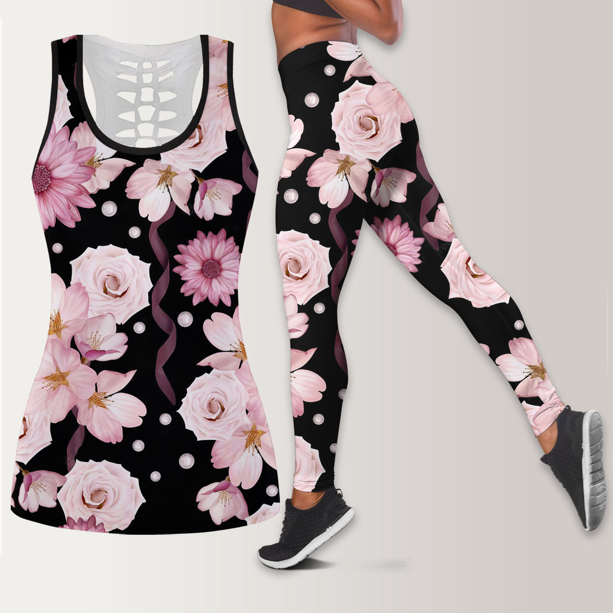 Beautiful Seamless Pattern With Roses And Chrysanthemum Legging Tank Top set