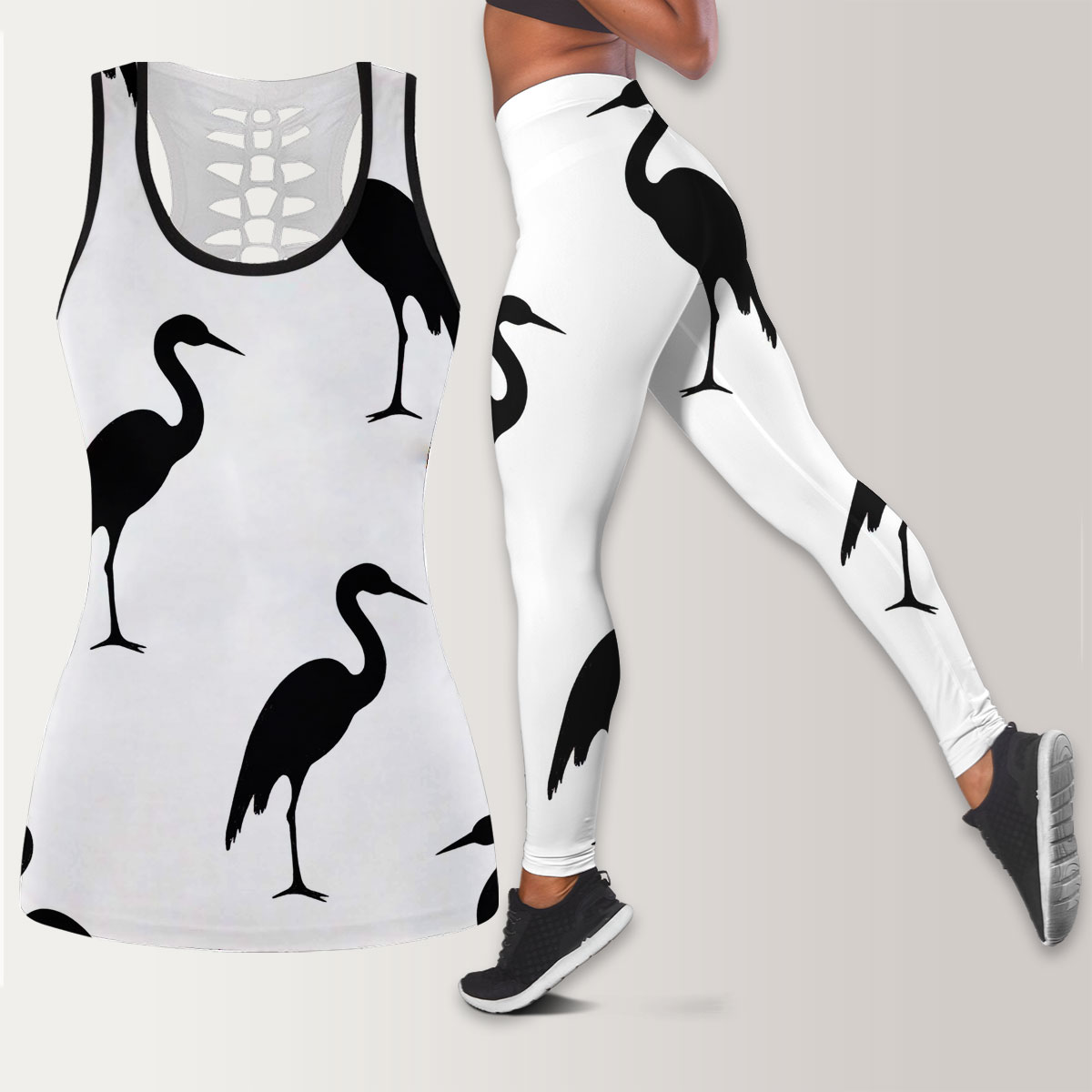 Black And White Heron Art Legging Tank Top set
