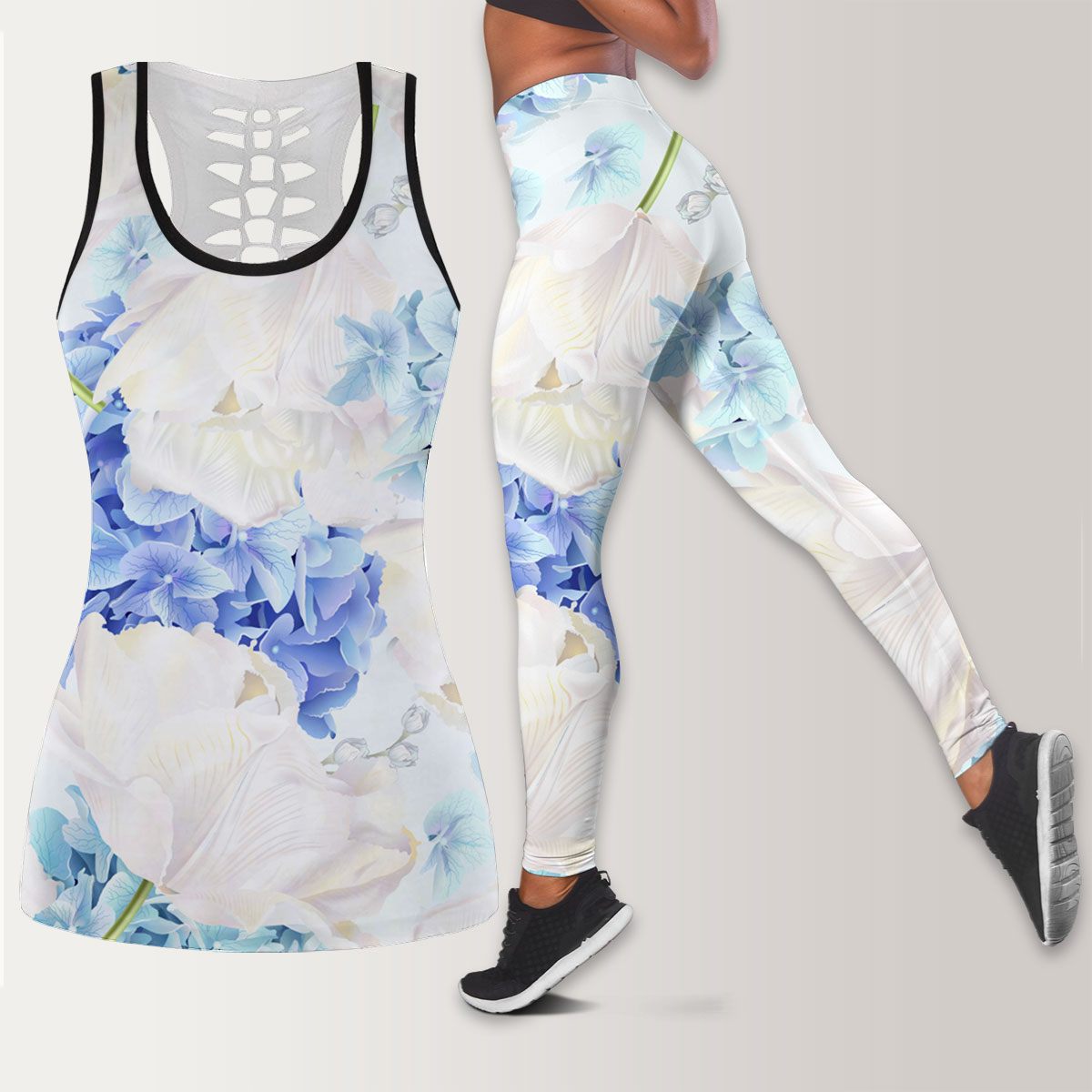 Blue And White Hydrangea Flowers On Blue Background Legging Tank Top set